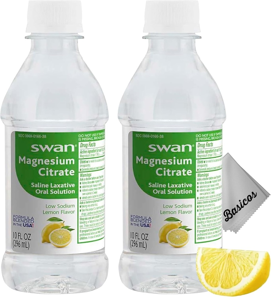 BASIOS 2Pack Zwaan Citroen Magnesium Citrate Oral Solution 10 oz- Laxative Supplement voor constipatie Relief, Regularity - Bonus Microfiber Cloth