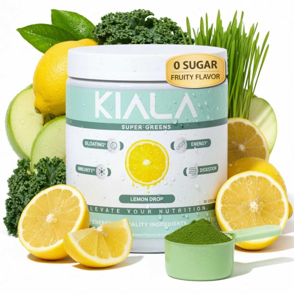 Kiala Nutrition Super Greens, Organic Greens Powder with Spirulina & Chlorella for Digestie, Gut Health, Immunity, Energy, Gluten Free, Vegan, Sugar Free, Spectra Blend, Lemon Drop, 30 Servers