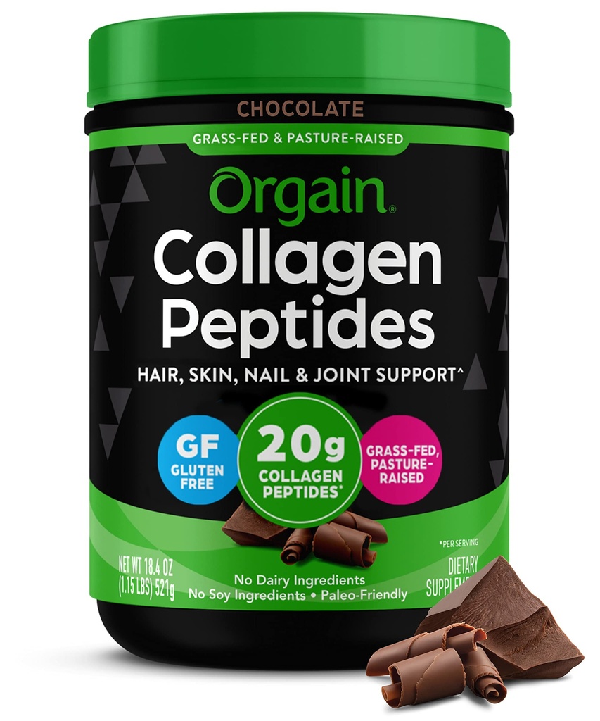 Orgain Gehydrolyseerde Collageen Peptides Powder for Women & Men, Chocolate, 20g Grass Fed Collageen - Hair, Skin, Nail, & Joint Support Supplement, Paleo & Keto, Non-GMO, Type I en III, 1lb