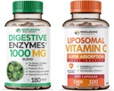 Gezonde Wellness Digestieve Enzymen 1000MG Plus Prebiotica & Probiotica + Liposomale Vitamine C Capsules (200 Pillen 1500mg Gebufferd) Bundel