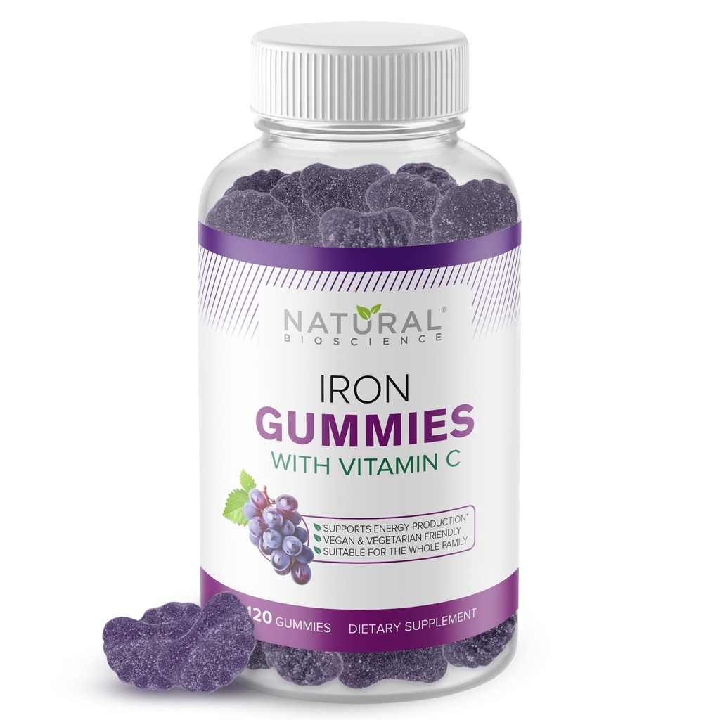 Iron Gummies met vitamine C - Iron Deficency Anemie Supplement voor volwassenen en kinderen, Kauwbaar, Red Blood Cell Ondersteuning, Energie, Immuunfunctie, Hersengezondheid, Max Absorptie, 120 Vegan Gummies