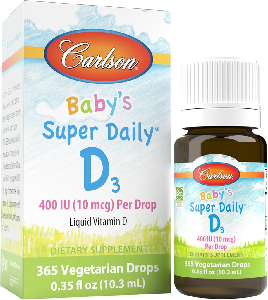 Carlson - Baby's Super Daily D3, Baby Vitamine D druppels, 400 IE (10 mcg) per druppel, 1-jaars voorraad, Vegetarische, vloeibare vitamine D voor zuigelingen en peuters, ongearomatiseerd, 365 druppels