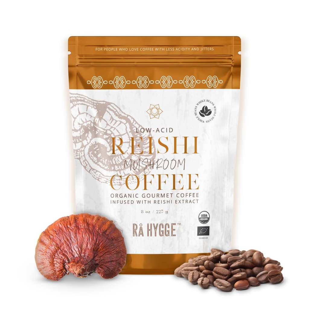 Rå Hygge Specialty Biologische Whole Bean Mushroom Koffie met Reishi - Voor Kalm Energie, Ontspanning & Balance - Gezonde Koffie Alternatief, Low-Acid Medium Roast, 8 oz (16 Cups), gebrand in Zweden