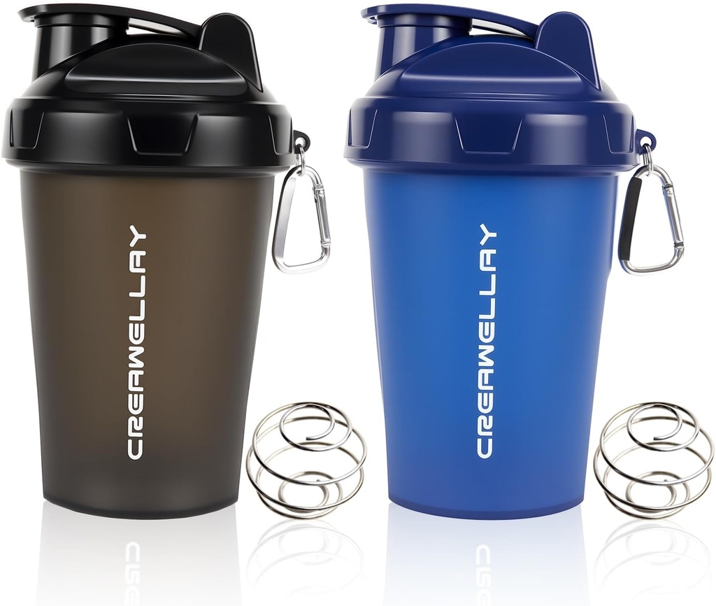 2 Pack Shaker flessen voor eiwitmixen, 17 oz kleine Protein Shaker fles met handvat, Gym Shaker Cups met Blending Ball voor pre-workout, BPA-Free & Dishwasher veilig (zwart, blauw)