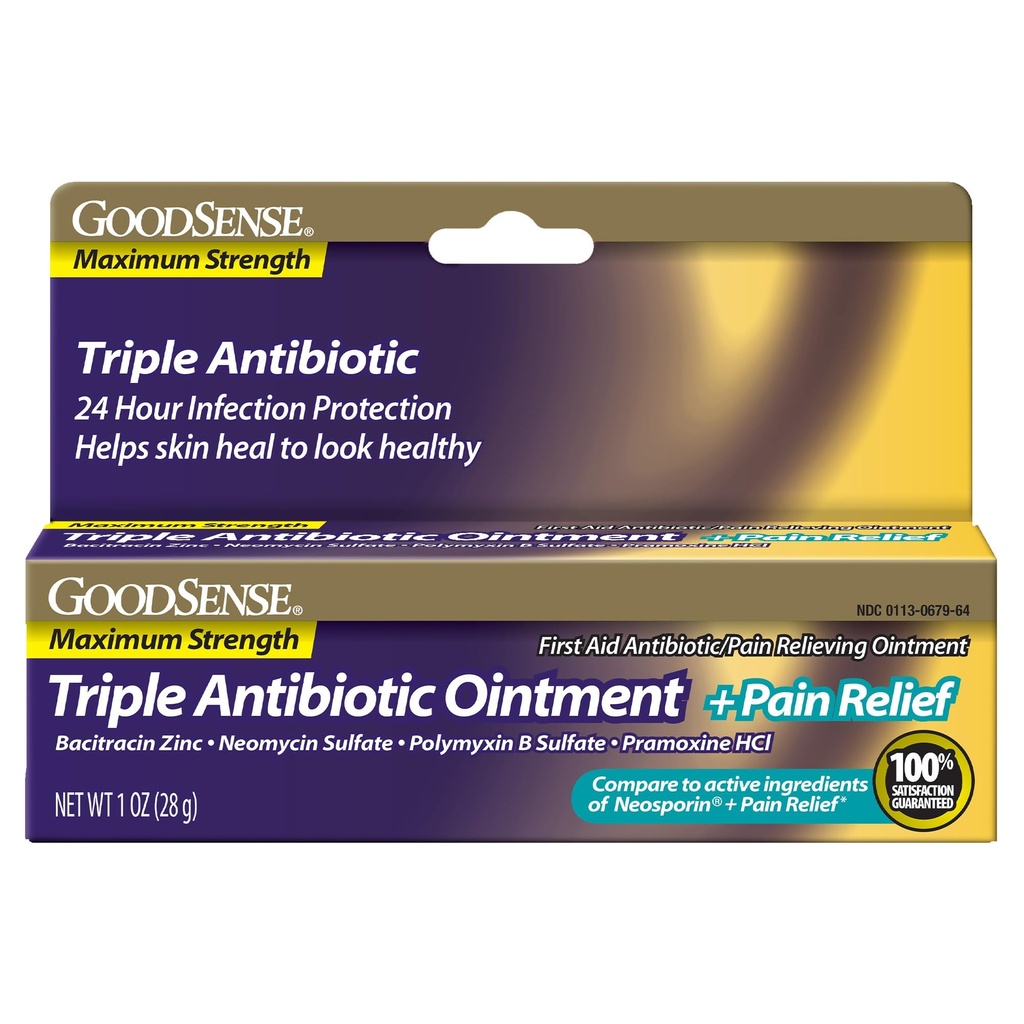 GoodSense maximale sterkte Triple Antibiotische Zalf plus pijnverlichting - kalmeert pijnlijke sneeën, scrapes en brandwonden, voorkomt infectie, eerste hulp antibiotische, externe analgetische, 1 oz