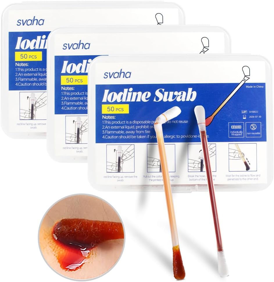Povidone Jodium Swabs - 150 Sticks Steriele Jodium Swabsticks, Individually Wrapped Cotton Swabs, Oplossing Gevuld voor wondreiniging, Eerste Hulp, Reizen