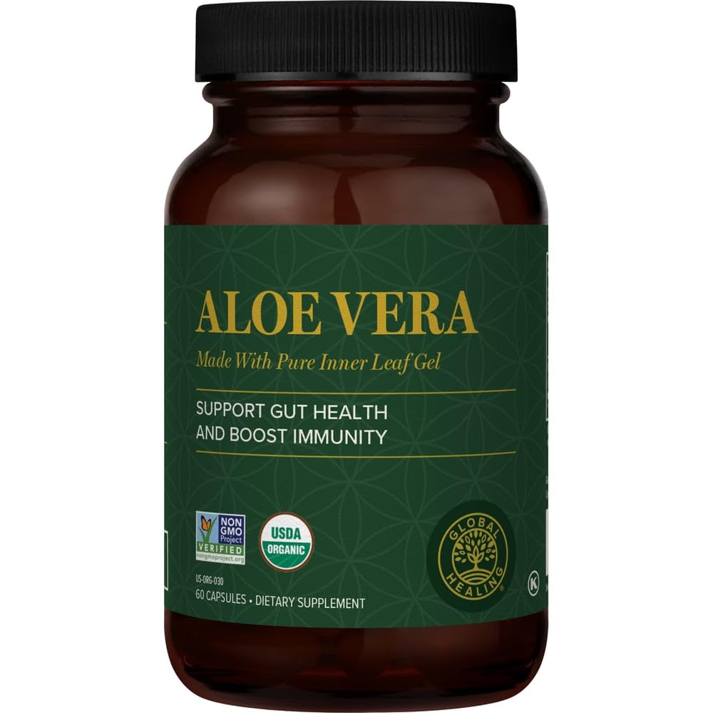 Global Healing Aloë Vera Bio-Active Organic Leaf Supplement - 200x Concentrate Formula met de hoogste concentratie van Acemannan - Aloin-Free - Gut Health & Immune Support - 60 capsules