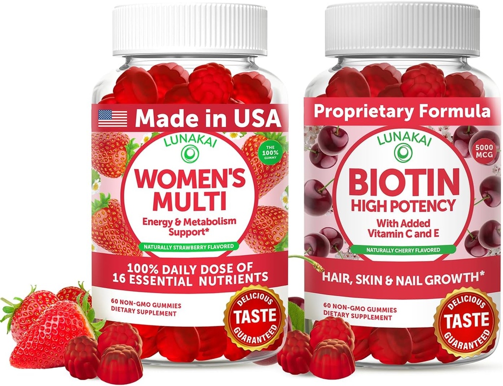 Lunakai USA Made Womens Multivitamine & Biotin Gummies Bundle 
