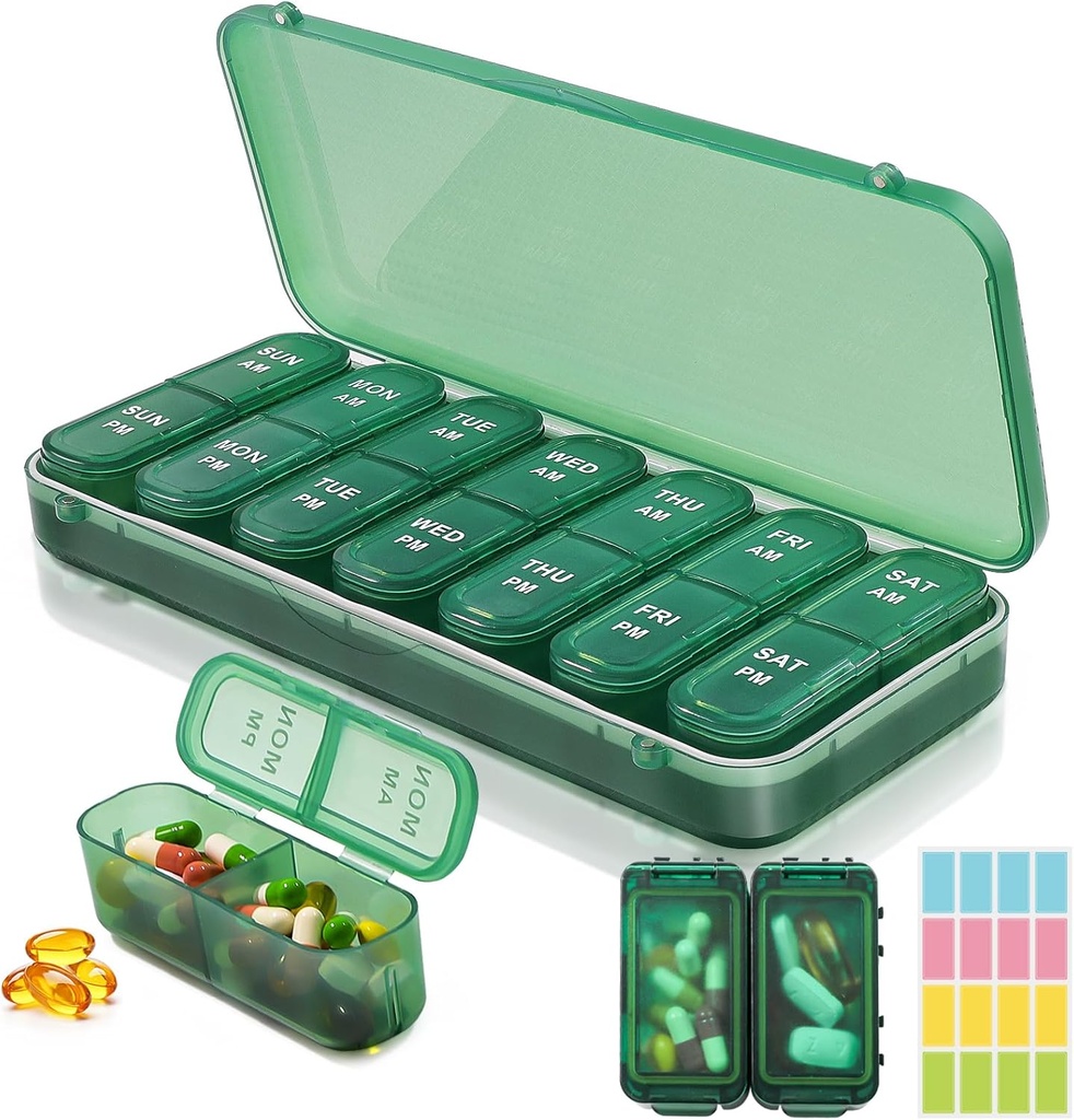 Weekly Pill Organizer 2 Times a Day + 2 Detachable Pill Organizers kit - AM PM Travel Pill Organizer for Vitamin Medicine Supplement Fish Oil, Green Daily Pill Case 2 Times a Day