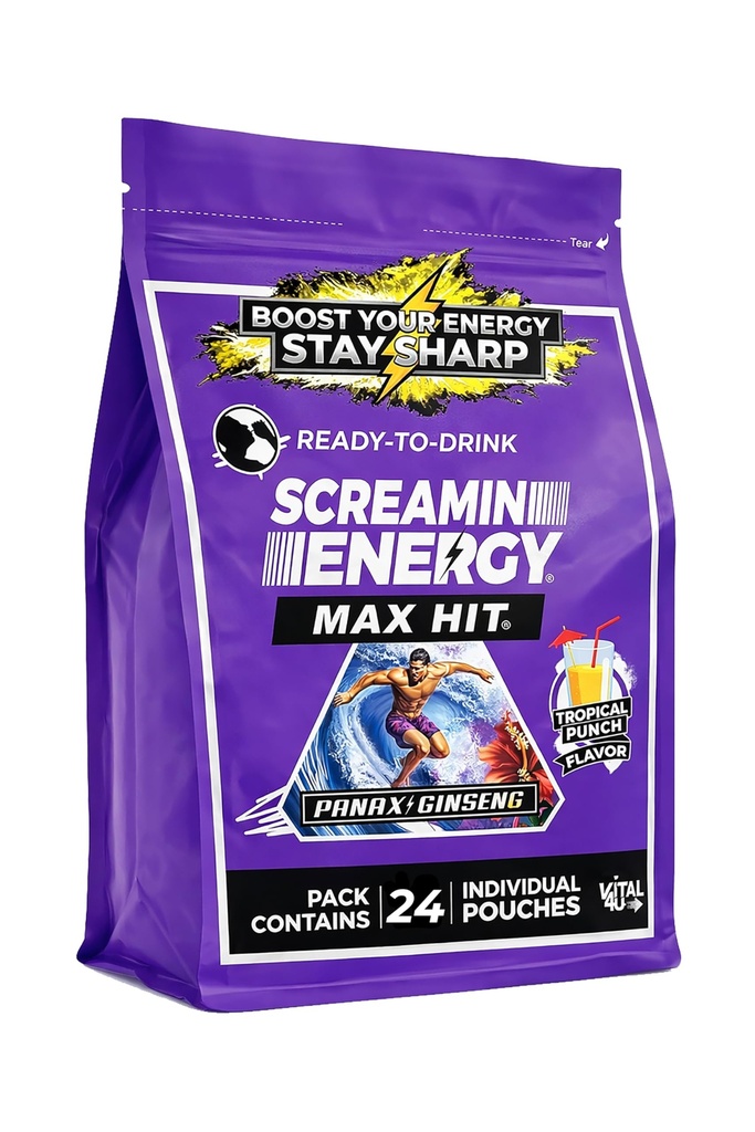 Screamin Energy Max Hit Tropical Punch Flavor - Maximale sterkte Suikervrije Energie Shot met Ginseng, B Vitaminen en Cafeïne - 24 Tellen