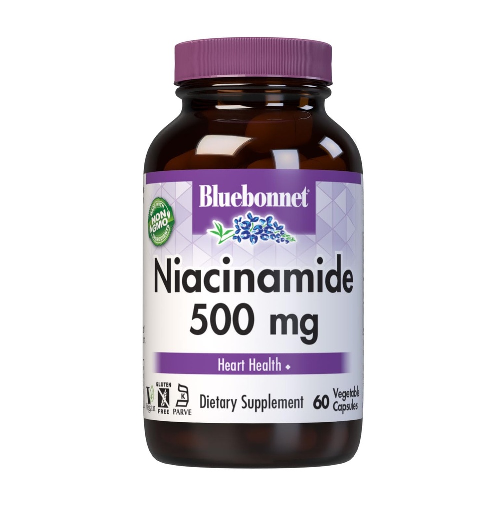 Bluebonnet Nutrition Niacinamide 500mg, Ondersteunt Cardiovasculaire Gezondheid*, Sojavrij, Glutenvrij, Non-GMO, Kosher Gecertificeerd, Dairy-Free, Veganist, 60 Plantaardige Capsule, 60 porties