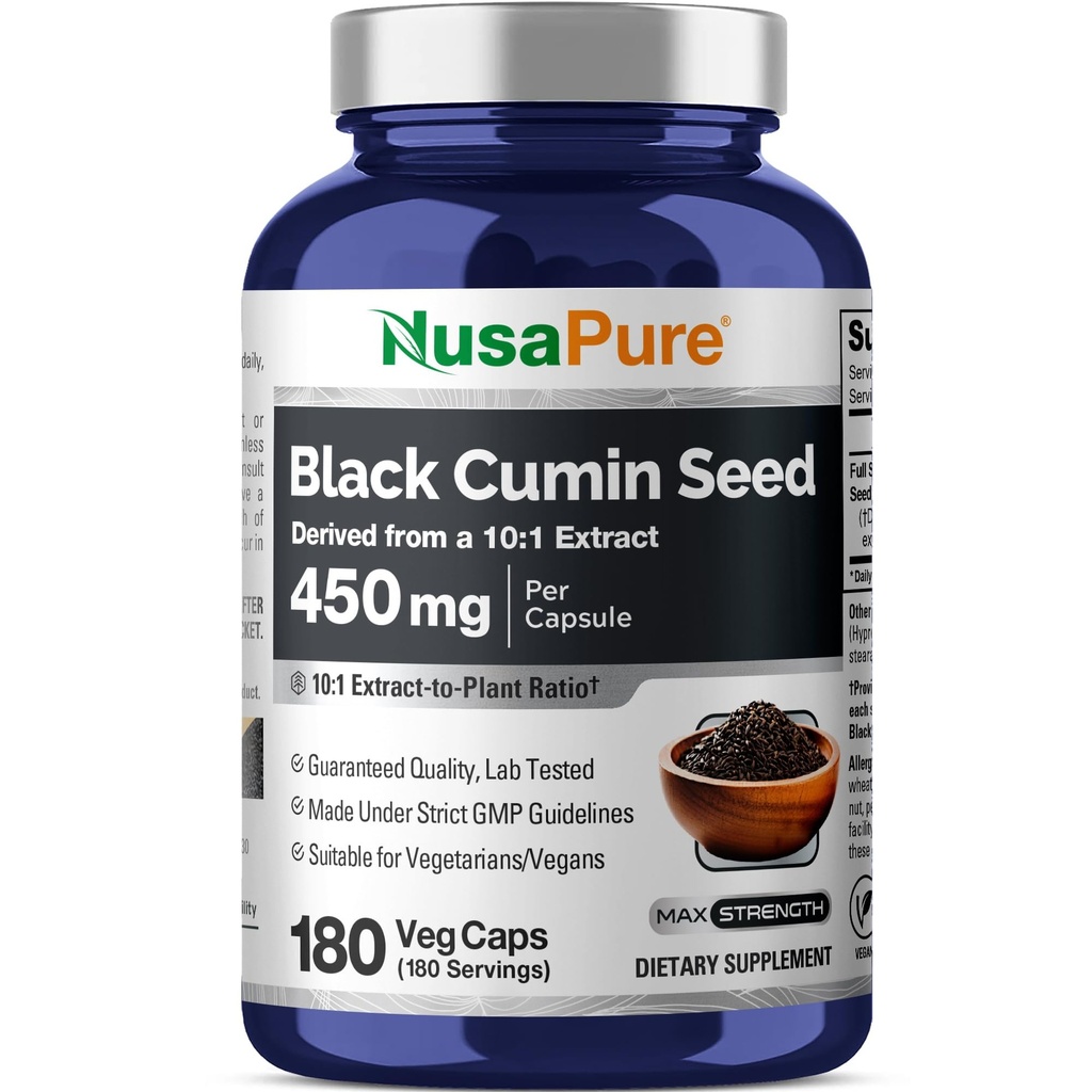 NusaPure Volledige Spectrum Black Cumin Seed 10:1 Extract, 450 mg Equivalent aan 4.500mg 180 Veggie Powder Caps Non-GMO, Vegan Non-Oily