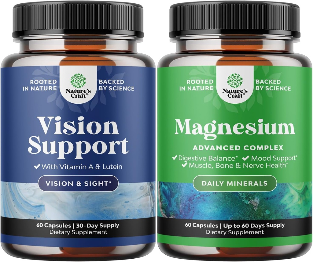 Bundel van Complete Eye Health Supplement voor Volwassenen voor Vision Droge Ogen Druk en Blauw Licht Bescherming en Hoge Absorptie Magnesium Complex Supplement voor Maag Digestie en Mood Ondersteuning