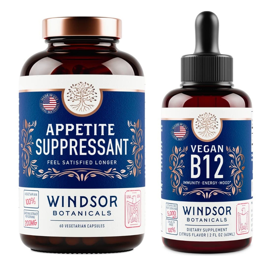 WINDSOR BOTANICS Apetite Suppressant voor gewichtsverlies en Vegan B12 Liquid Bundle