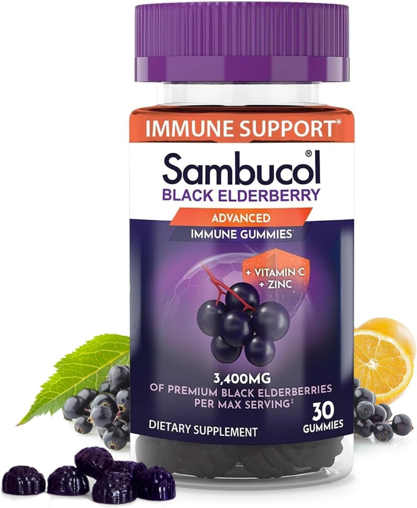 Sambucol Zwarte Vlierbes Gummies - Vlierbes met zink en vitamine C voor volwassenen, Sambucus Gummies, Immune Support - 30 Tellen
