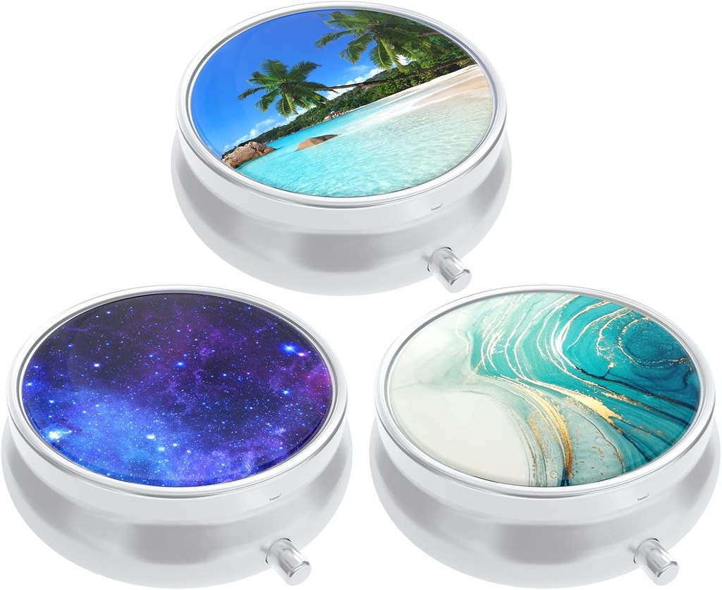 3 Pack pil Box, kleine pil geval voor portemonnee & Pocket, leuke reis medicijnen Organisator, draagbare geneeskunde container houder om vitamines vast te houden, medicijnen, visolie & supplement, strand & Galaxy