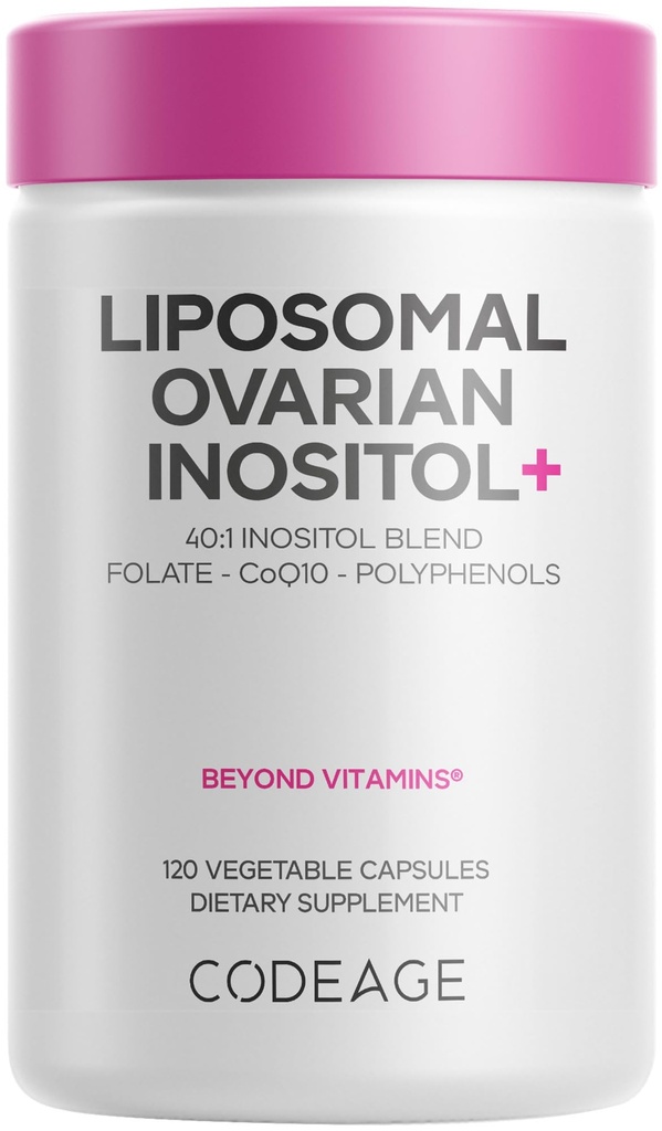 Codeage Liposomal Ovarian Inositol+ Supplement - Myo-Inositol & D-Chiro-Inositol 40:1 Blend, Folaat 5-MTHF, CoQ10, Granaatappel en wilde bosbessen, Liposomale levering, Non-GMO, Glutenvrije - 120 capsules