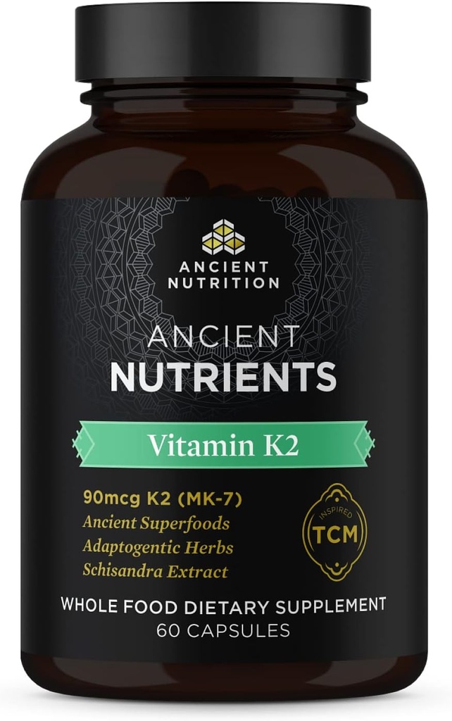 Ancient Nutrition Vitamin K2 Supplement, K2-90mcg K2, Adaptogenic Herbs, Enzyme geactiveerd, ondersteunt cardiovasculaire functie, Paleo & Keto vriendelijk, 60 capsules