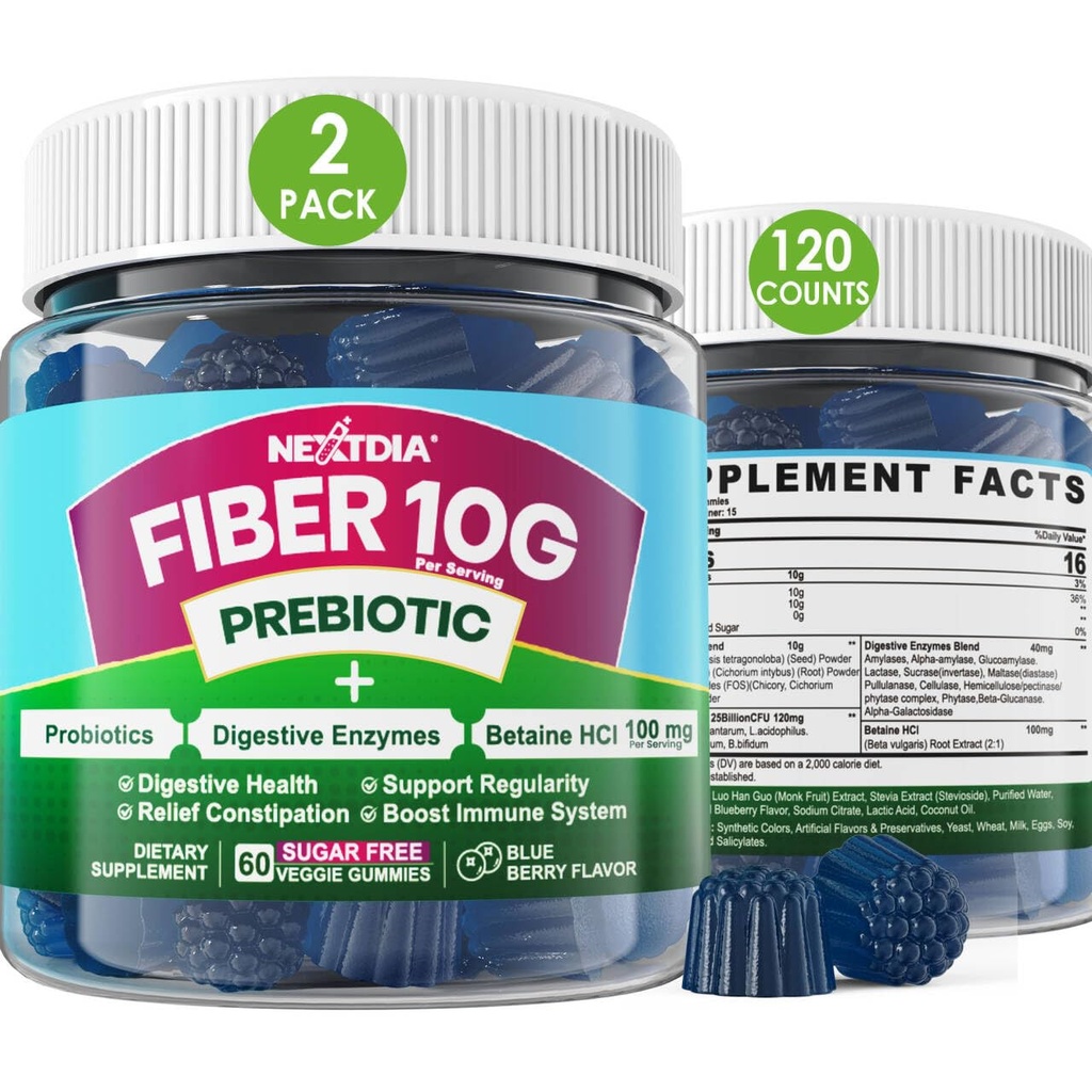 Vezel Gummies voor volwassenen, Suikervrij 10g Prebiotic Fiber Supplement met spijsverteringsenzymen, Probiotica & 100mg Betaine voor spijsverterings- & Gut Health en Regulate Bowel Movement, Vegan, Gelatine Free,120ct
