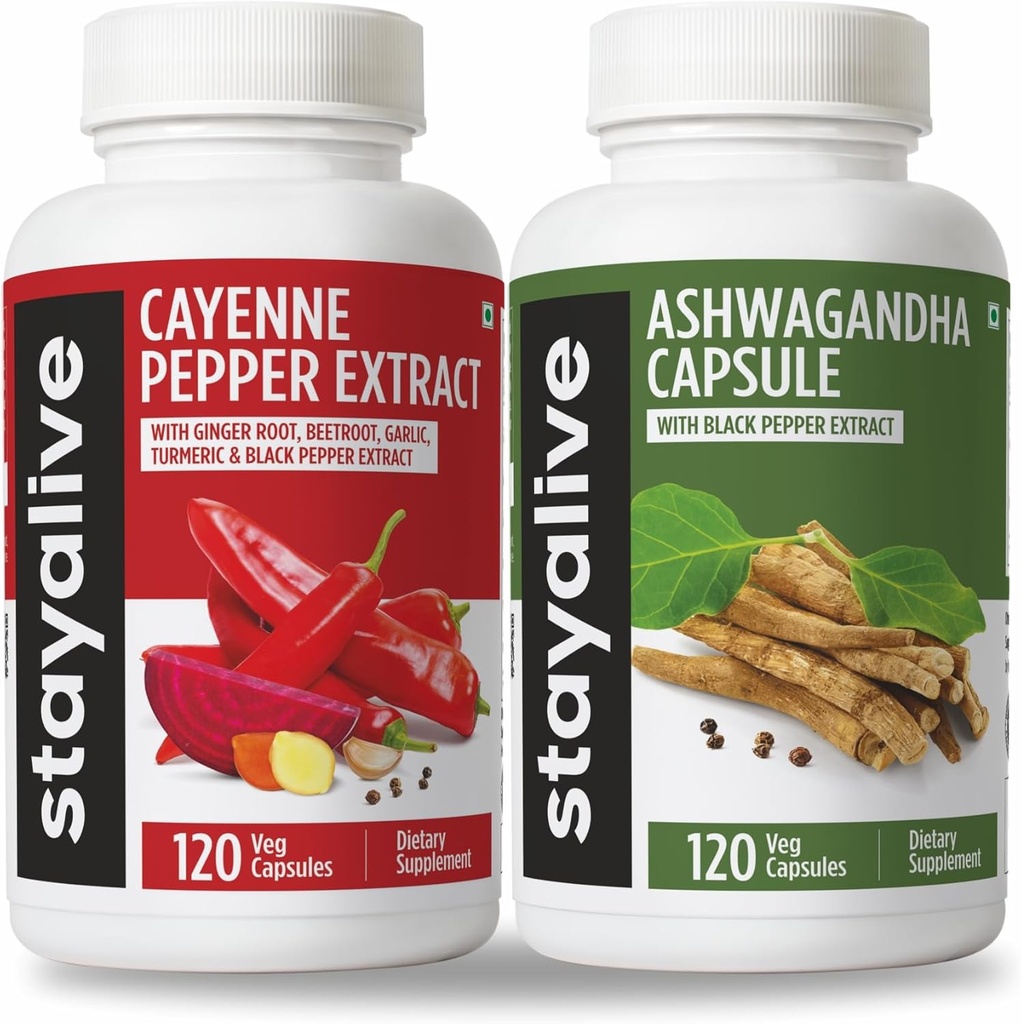 Blijf LEVEND Cayenne en Ashwagandha Bundle w/Zwart Pepper Extract Capsules, 240 Vegan Pillen, Non-GMO & Glutenvrij Ashwagandha Cayenne Pepper Supplement