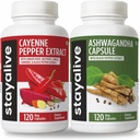 Blijf LEVEND Cayenne en Ashwagandha Bundle w/Zwart Pepper Extract Capsules, 240 Vegan Pillen, Non-GMO & Glutenvrij Ashwagandha Cayenne Pepper Supplement