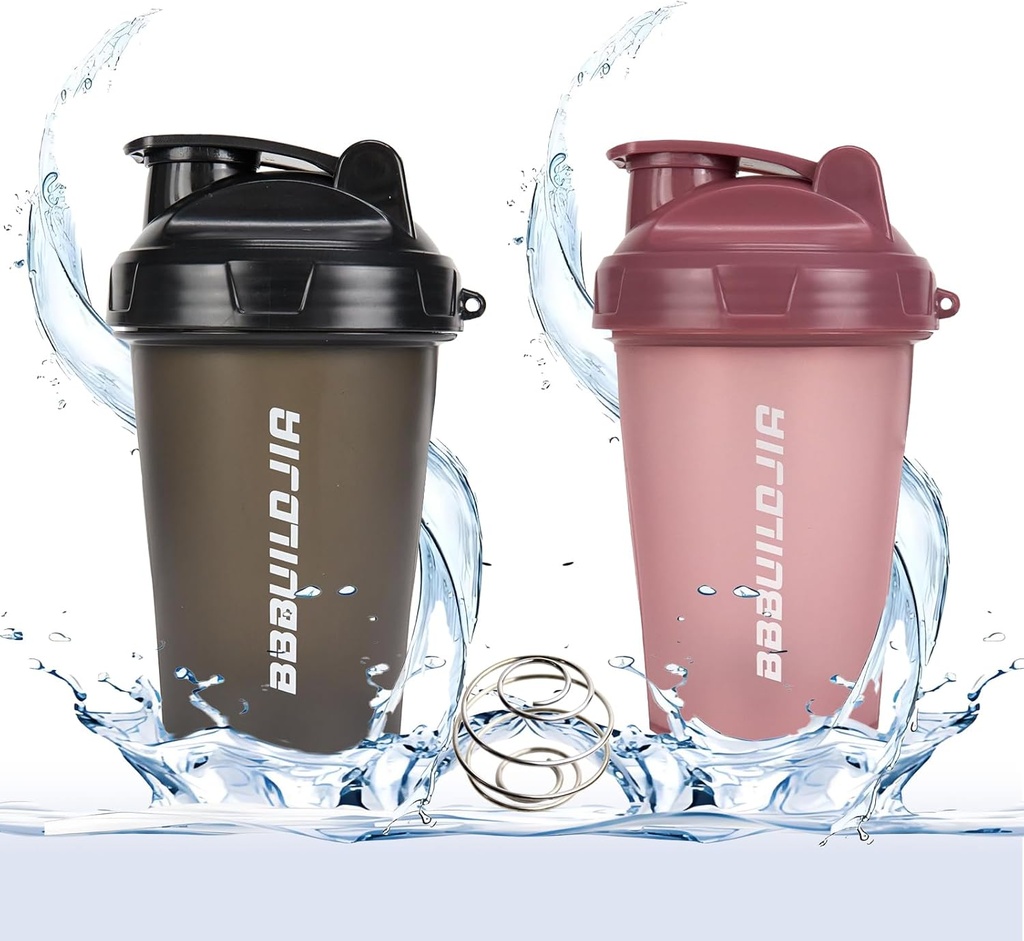2 PACK Shaker Bottle Houdt tot 17oz, Blending Ball Whisk, Portable Pre Workout Proteïne Drinkbeker, Mixes Cocktails Smoothies Shakes, BPA Free & Dishwasher Safe Zwart/Roze