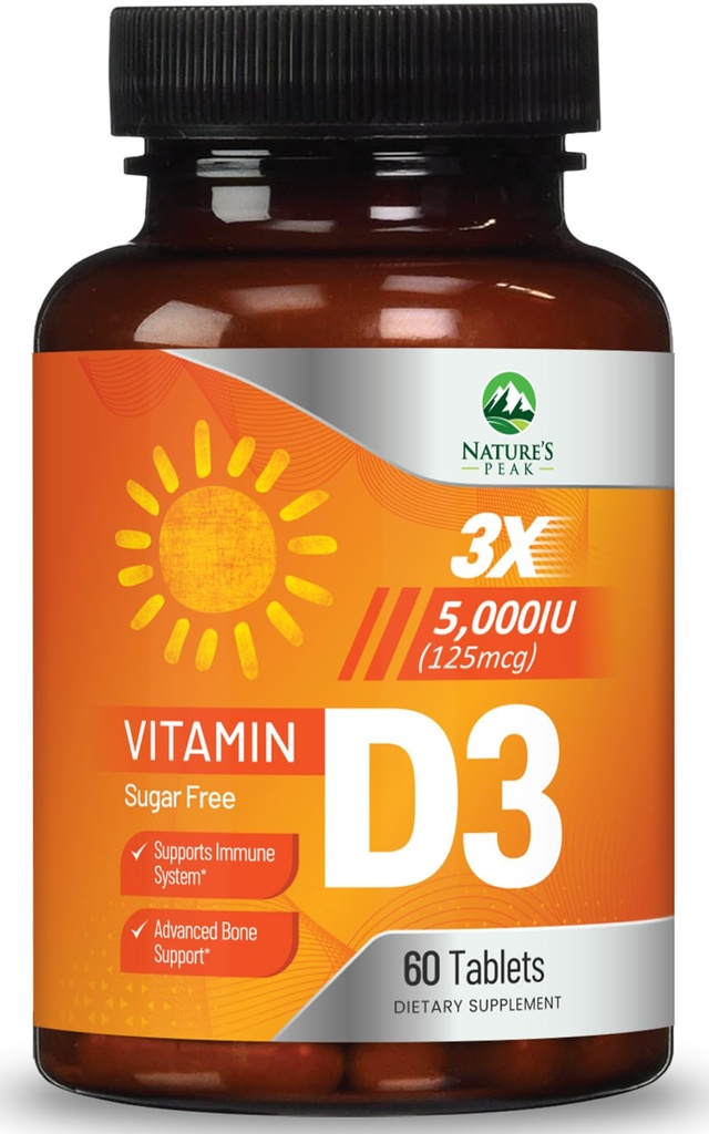 Vitamine D3 5000iu (125 mcg) Immune Health Support - High Potency Vitamine D Dieetsupplement voor bot, tanden, spier - Natuur VIT D, Vegan, Glutenvrij, Raspberry Flavor - 60 Kauwtabletten