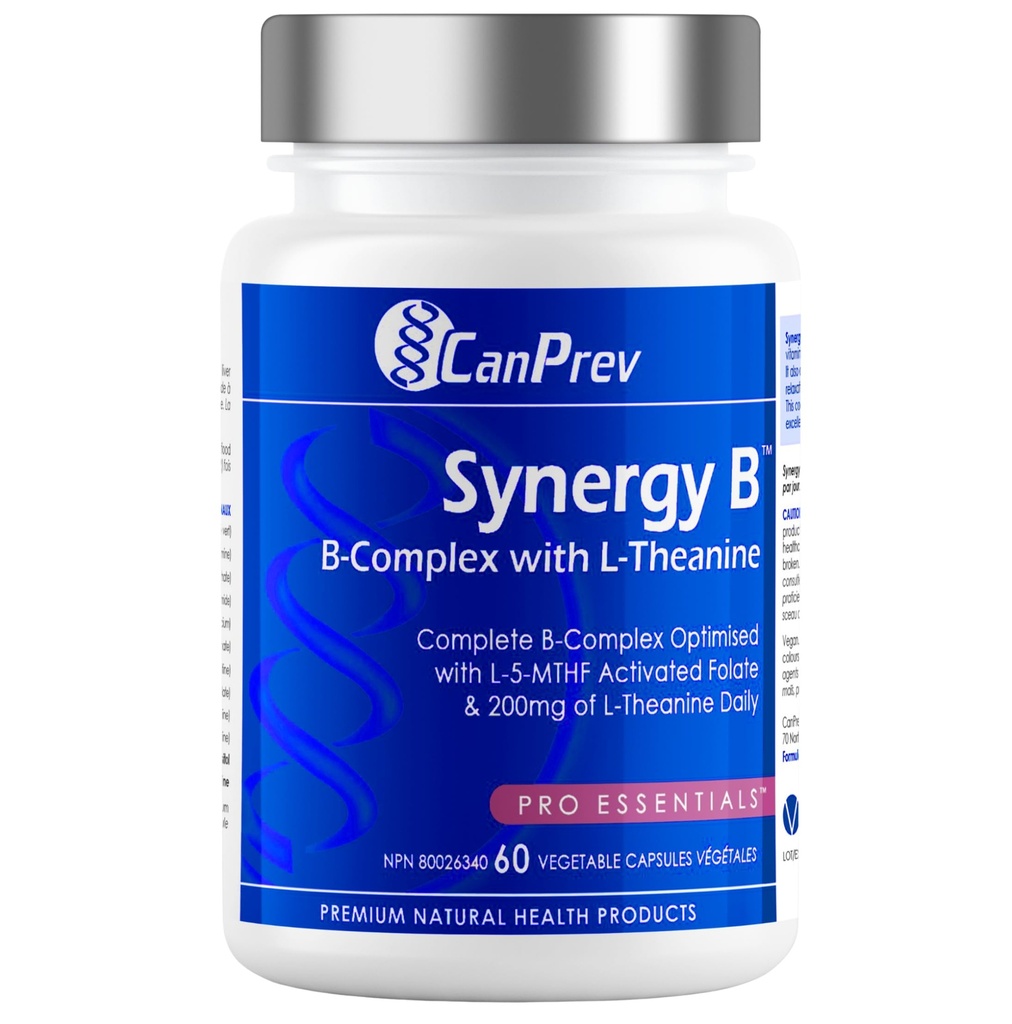 CanPrev Synergy B Complex met L-Theanine 60 Capsules 30-Day Supply - Bevorderen van geestelijke ontspanning, verbeteren van energie, cognitieve helderheid en ondersteuning lichaam & Mind - Vegan, niet-GMO en Glutenvrije