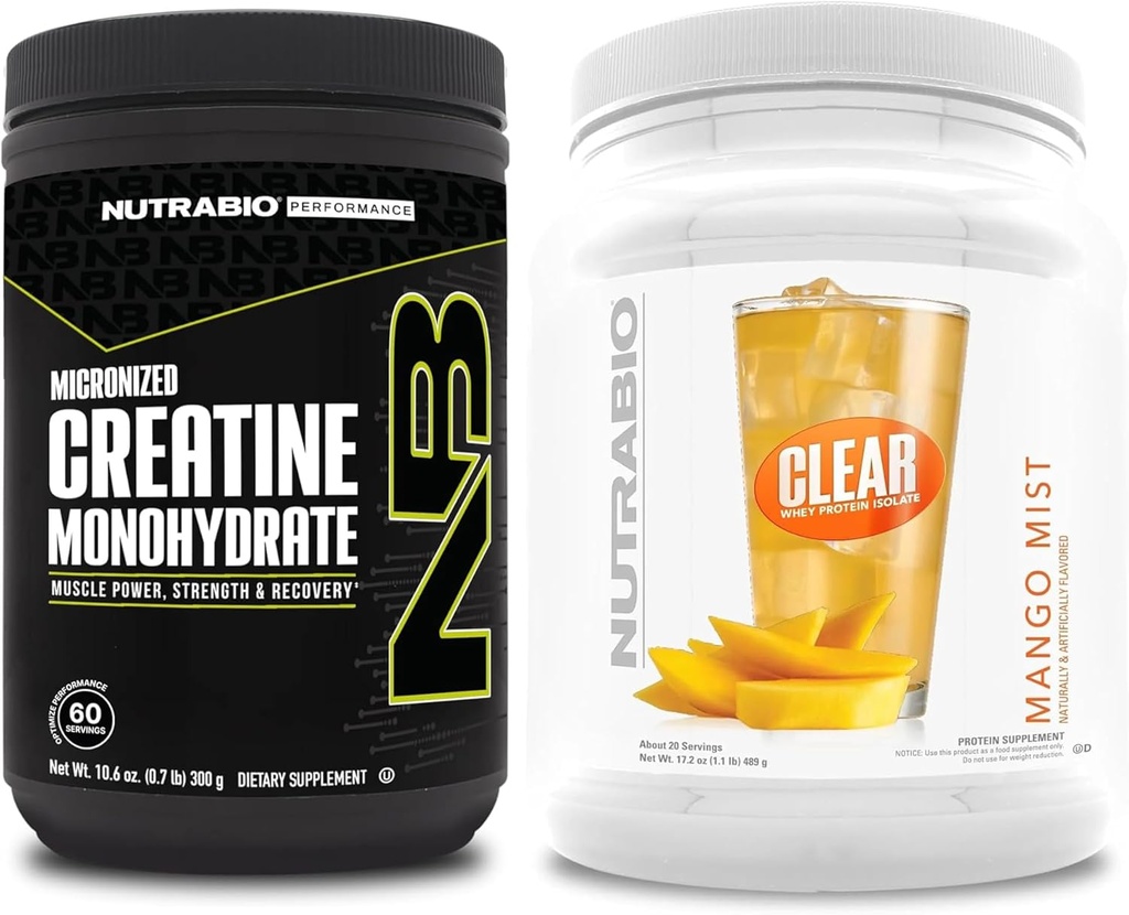 NutraBio Creatine Monohydraat, Unflavored, (300 g) en Clear Whey Protein Isolaat, (Mango Mist) Supplement Bundel 