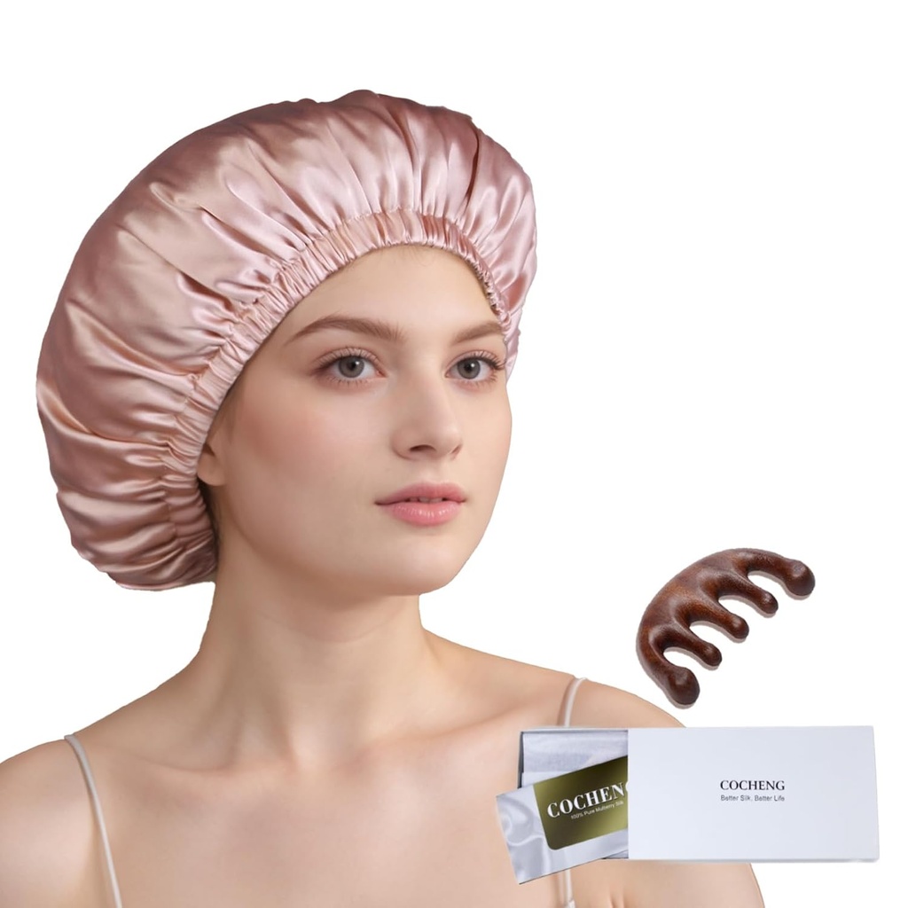 100% Mulberry Silk Bonnet voor Slapende Vrouwen Lang Haar -Dubbele Laag Slaapmuts -Zilk Slaap Bonnet met Elastische Stay On Head (Roze, Groot)