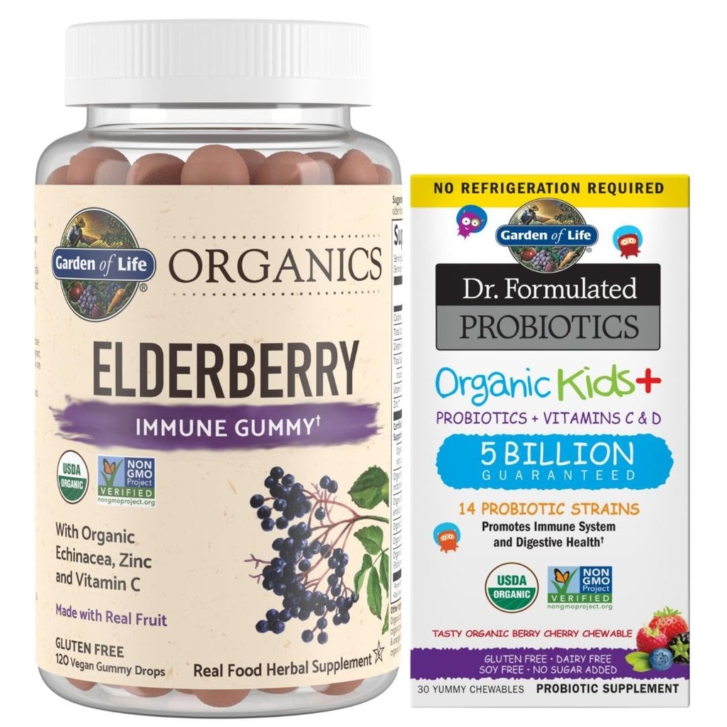 Tuin van het leven Organics Vlierbes Gummies voor volwassenen en kinderen - Immune Support Supplement & Dr. Geformuleerde Probiotica Biologische Kids+ Plus Vitamine C & D - Berry Cherry