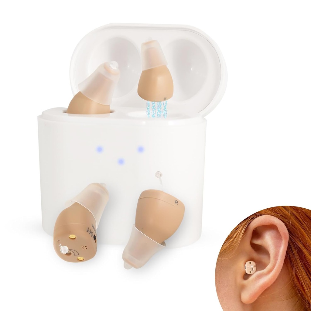 BEVI Hoorhulpen voor volwassenen Senioren met Oplaadcase, OTC-hoorhulpen oplaadbaar voor volwassenen Senioren oplaadbaar met Noise Cancelling, Onzichtbare Hoorhulp Beige,1 Paar