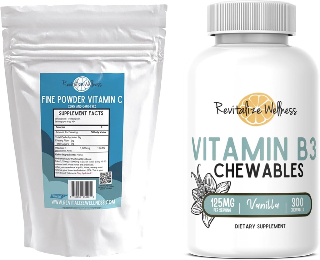 Bundel, fijne poeder vitamine C, 454 porties, en vitamine B3 kauwtabletten (Vanilla), 300 porties