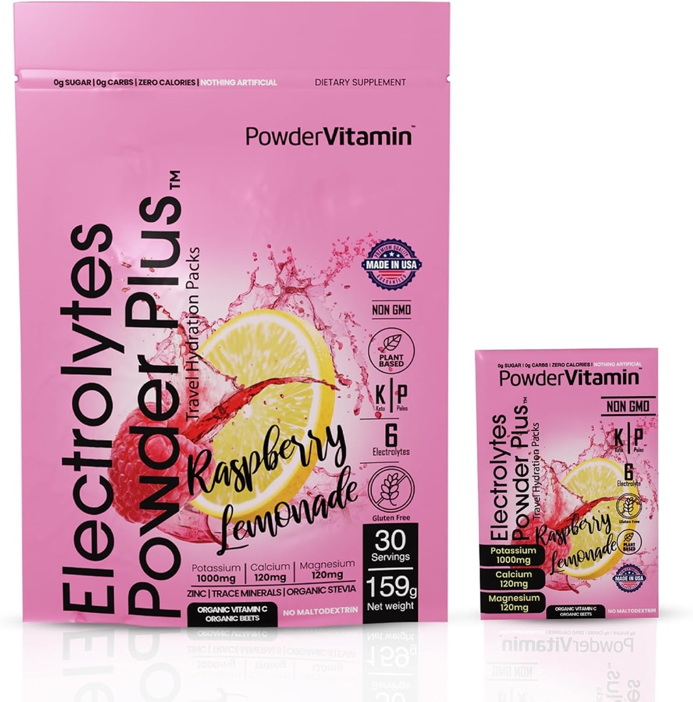 PoederVitamine Elektrolyten Poeder Plus, Keto, Raspberry Lemonade, Suikervrij, 1000mg Kalium, 120mg Calcium, 120mg Magnesium, Non-GMO, Zero Calories, 30 Hydration Packets