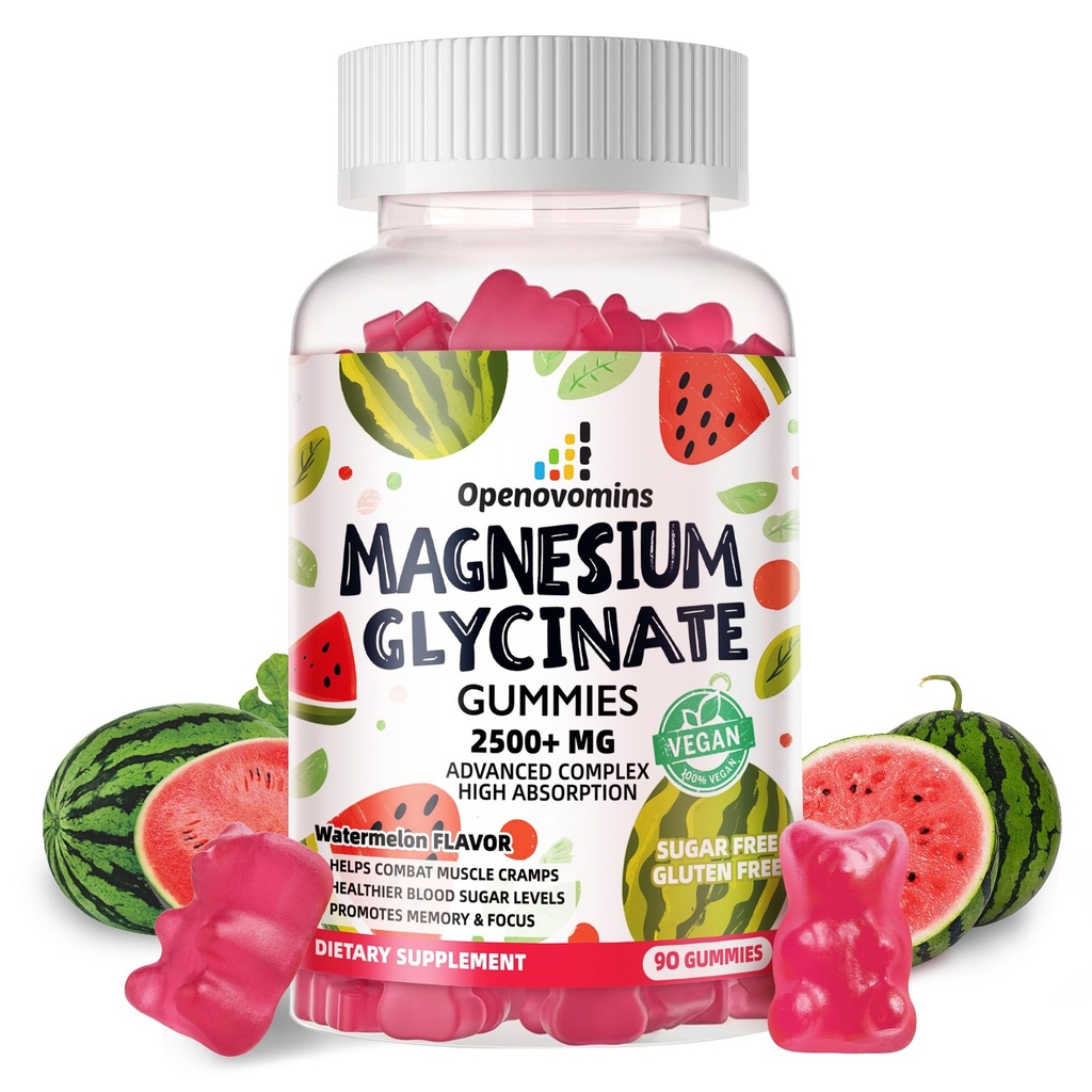 Magnesium Glycinate Gummies 2500mg - Suikervrij Magnesium Kaliumsupplement met Vitamine D, B6, CoQ10 voor Kalm Mood & Slaap Ondersteuning - 90 Watermeloen Gummies