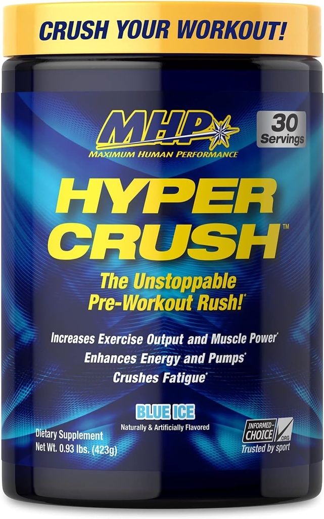Maximale menselijke prestaties MHP HYPER CRUSH Pre Workout energiedrank creatine beta alanine stikstofoxide pomp citrulline AKG 30 Servers, Blue Ice, 14,88 Ounce