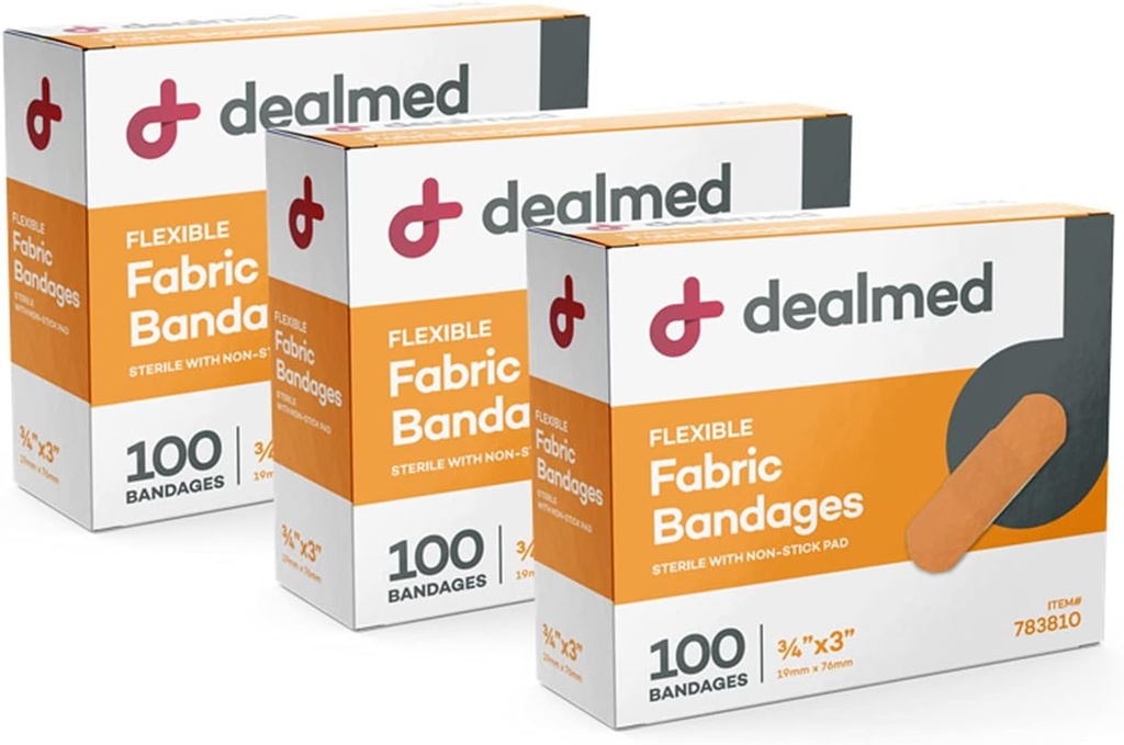 Dealmed Stof Flexibele Kleefbandages 100 Tellen (3 Pack) Bandages met Non-Stick Pad, Latex Gratis, Wound Care voor Eerste Hulp Kit, 3" x 3/4"