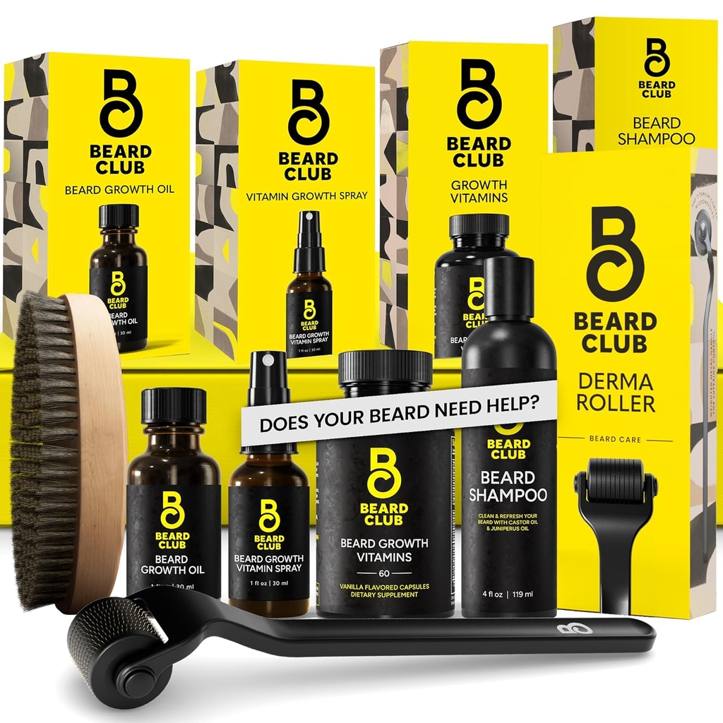 The Beard Club Advanced Baard Groei Kit - Derma Roller, Growth Oil, Vitaminen en Vitamine Spray, Shampoo en Boar Bristle Brush - Cadeau Set - Cedar