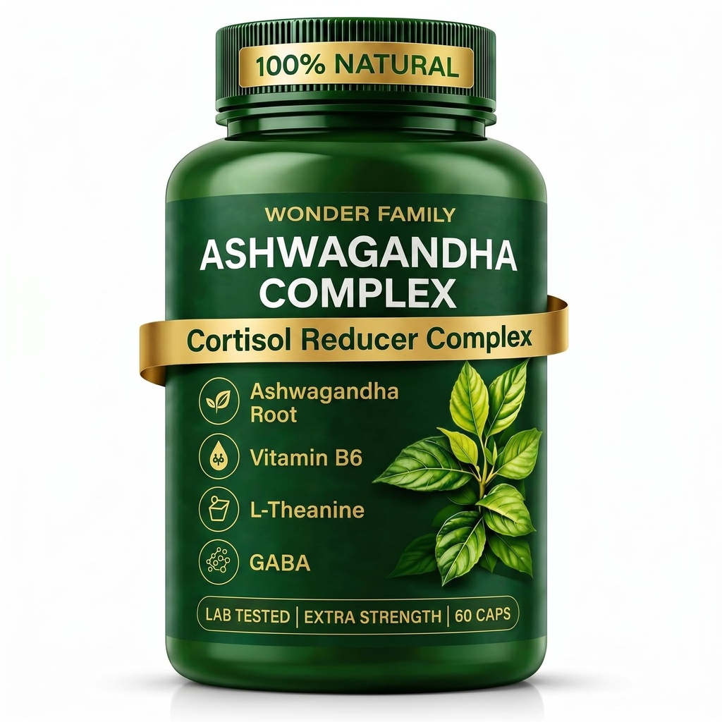 WONDER FAMILY Ashwagandha Complex Cortisol Reducer 800mg with GABA, L-Theanine & B6 – 400mg Ashwagandha per Day - Adaptogenic Support for Calm, Focus & Mood – 60 Capsules Lab-Tested