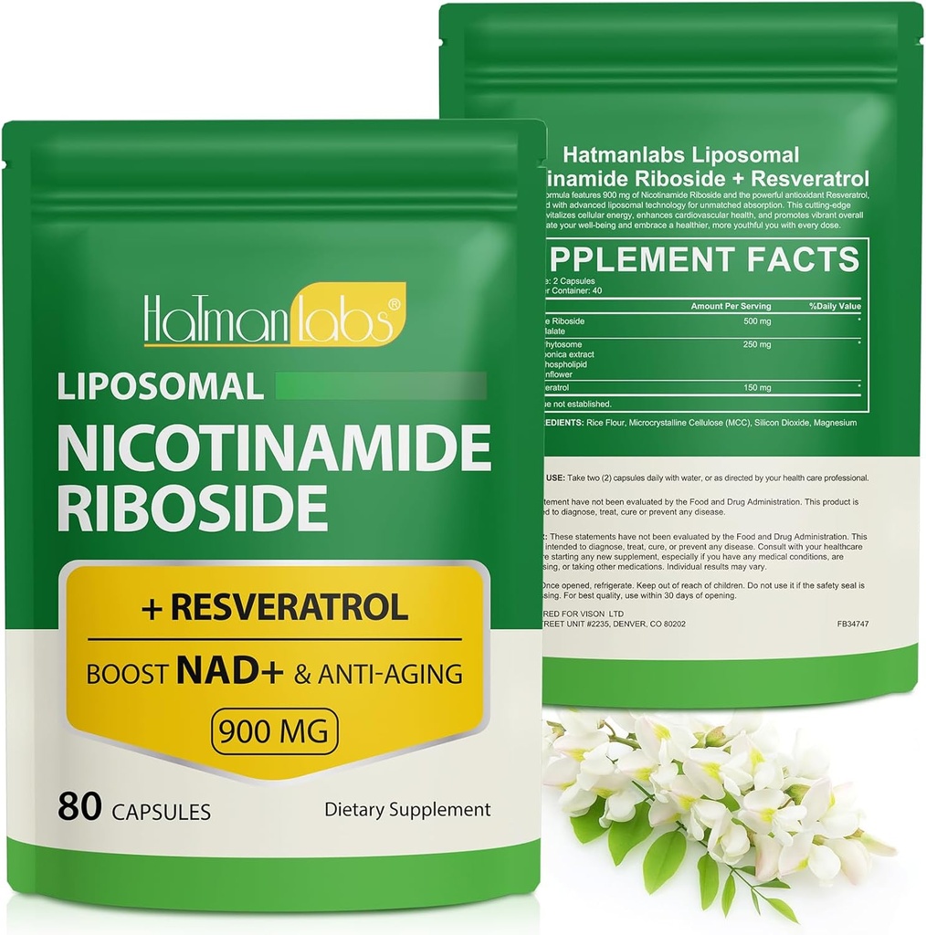 NAD+ Supplement met Nicotinamide Riboside-liposomale Nicotinamide Riboside 900Mg, Hoge zuiverheid Resveratrol NAD Supplement voor anti-Aging,Energie, Focus-80 Capsules