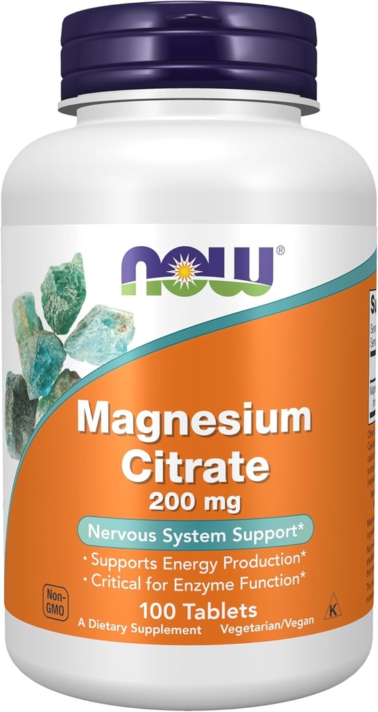 NOW Foods Supplementen, Magnesium Citroen 200 mg, Enzyme Functie*, Zenuwstelsel Ondersteuning*, 100 Tablets