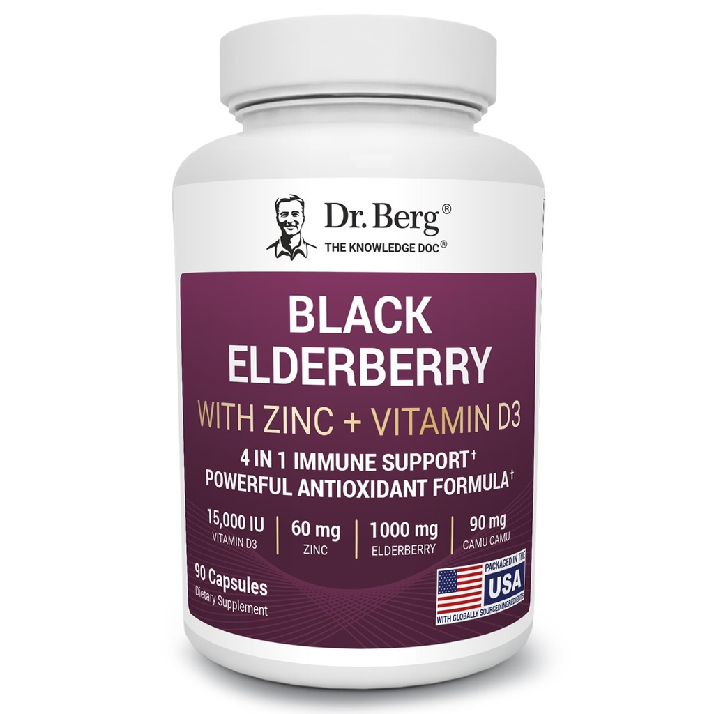 Dr. Berg Black Elderberry Capsules (Advanced Immune Support*) met 15.000 IE vitamine D, 60 mg zink, & 90 mg Camu Camu - (4-in-1) Sambucus Elderberry Immune Support Supplement - 90 capsules