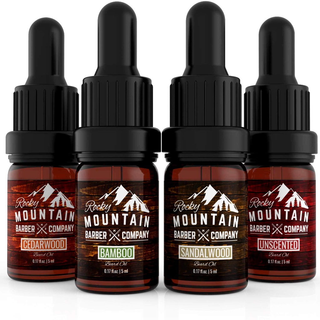 Rocky Mountain Barber Company Beard Oil Sample Size Pack - 4 Unieke Baard Olie Variaties (0.17 oz elk) - Cedarwood, Sandalwood, Bamboe & Unscented 