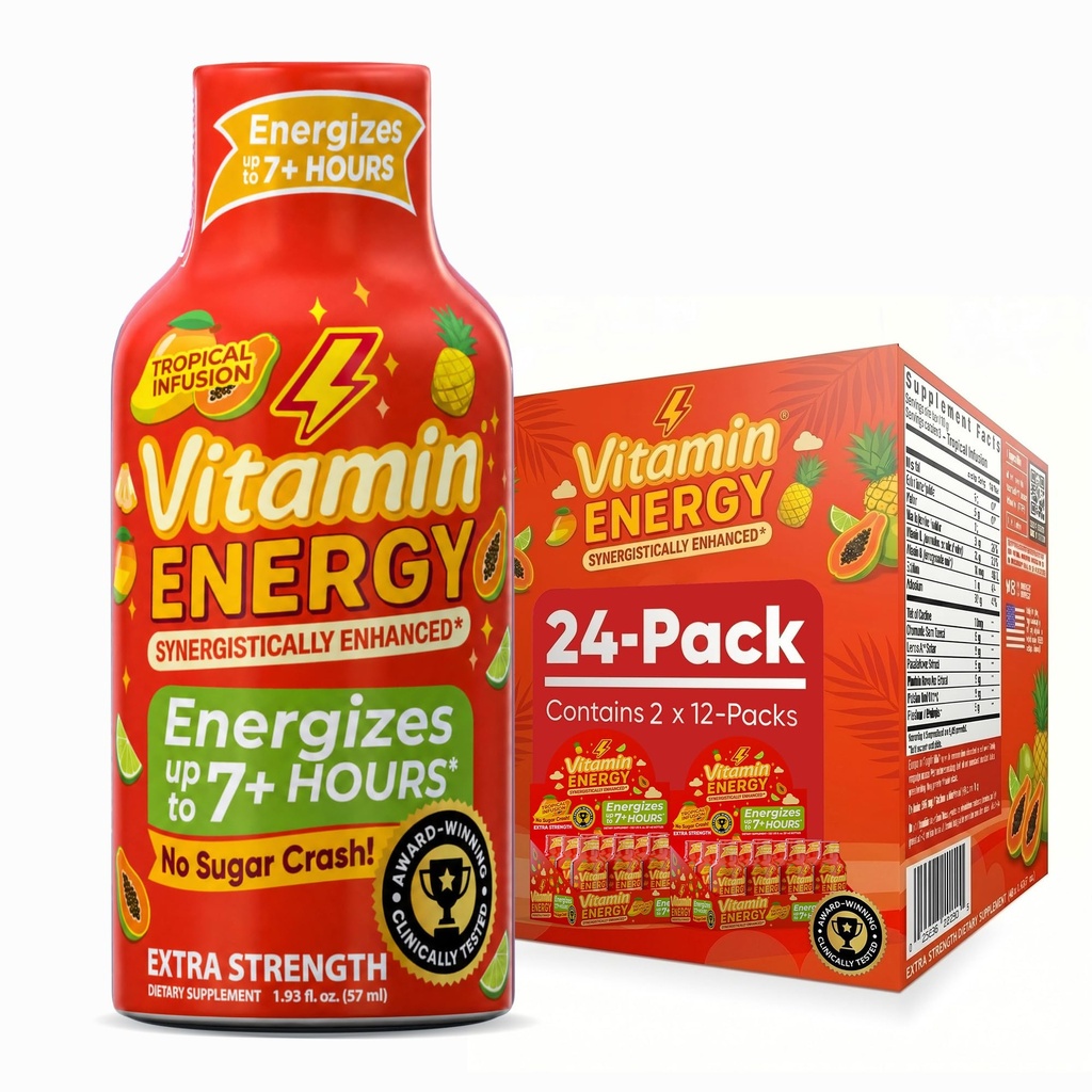 Vitamine Energie Focus+ Extra sterkte Energie Shot Tropische Infusie 24 Pack, 260mg Natuurlijke Cafeïne, B-Vitaminen, CoQ10, Aminozuren, Focus, Productiviteit & Duidelijkheid, Zero Sugar, Gluten-Free, 1,93 fl oz