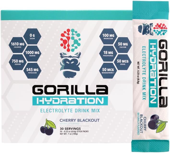 Gorilla Mind Hydration Packets - 3,073mg Elektrolyten On The Go Handige Drink Mix voor uitgebreide replenishment - Zero Sugar, natuurlijk zoet en vasten vriendelijk - 30 Tel (Cherry Blackout)