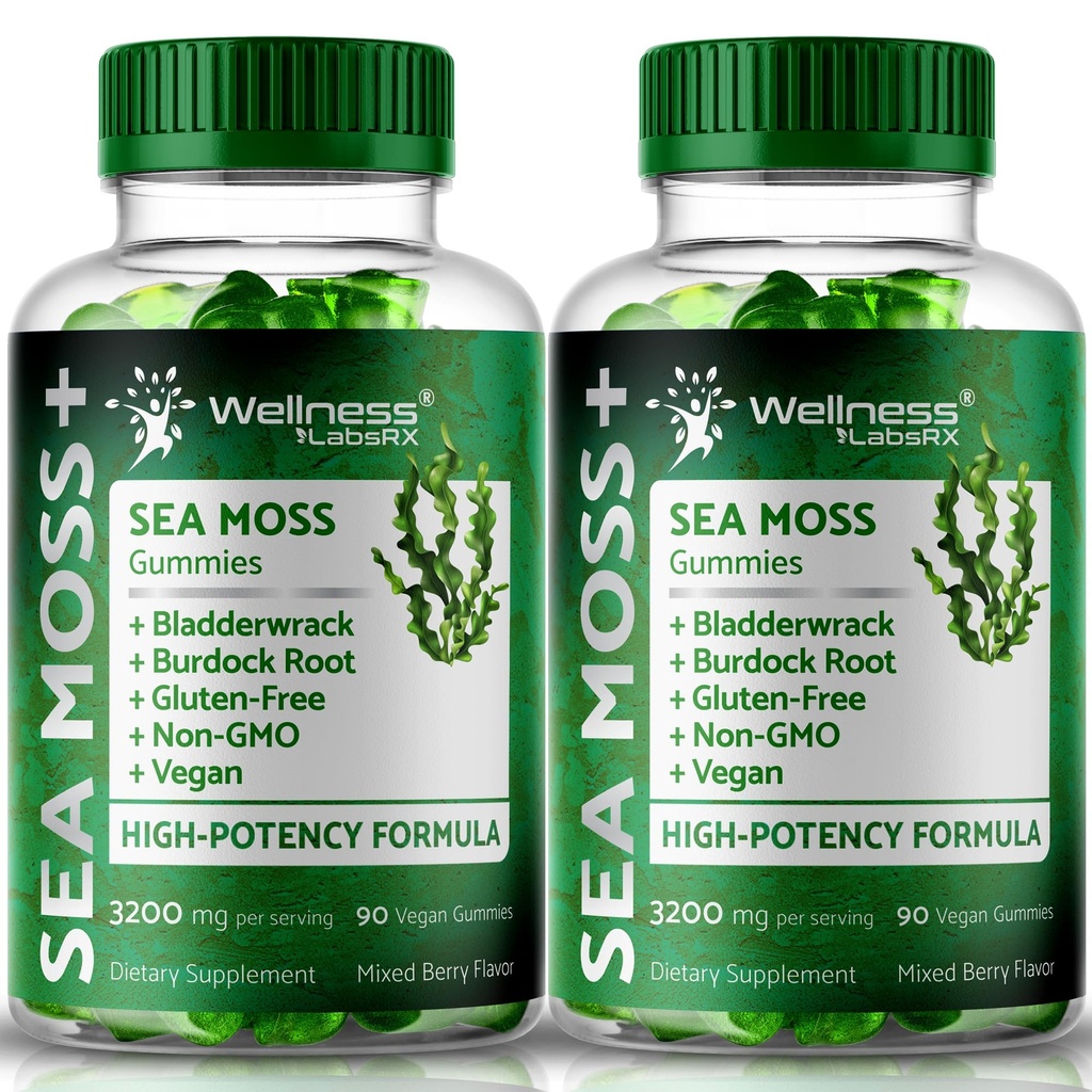 WELLNESS LABSRX Sea Moss Gummies, 3200mg Irish Sea Moss Mixed Berry Flavor with Maximum Potency Bladderwrack and Burdock Root - Ondersteunt huid, energie en immuniteit - 180 Tel.