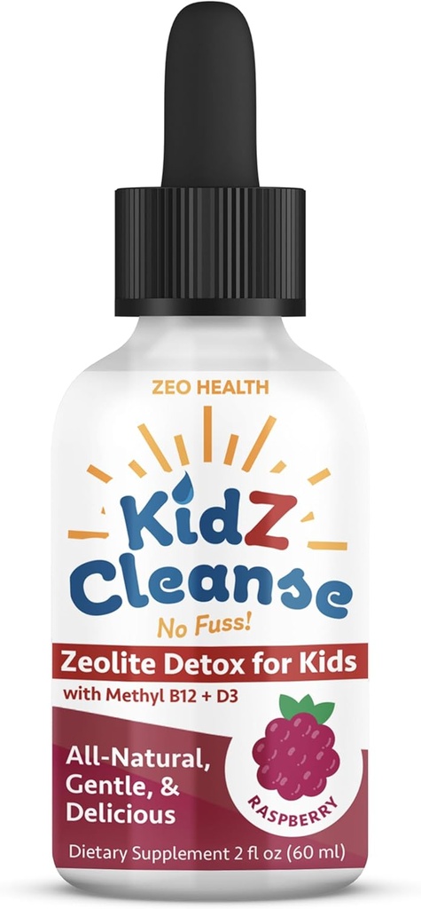 Kidz Cleanse | Zeolite Detox for Kids | Development, Behavior, Energy and Gut Health Support Supplement | Easy to Take, Pure Liquid Zeolite Drops + Methyl B12 + D3 (Raspberry Flavor) - 2oz