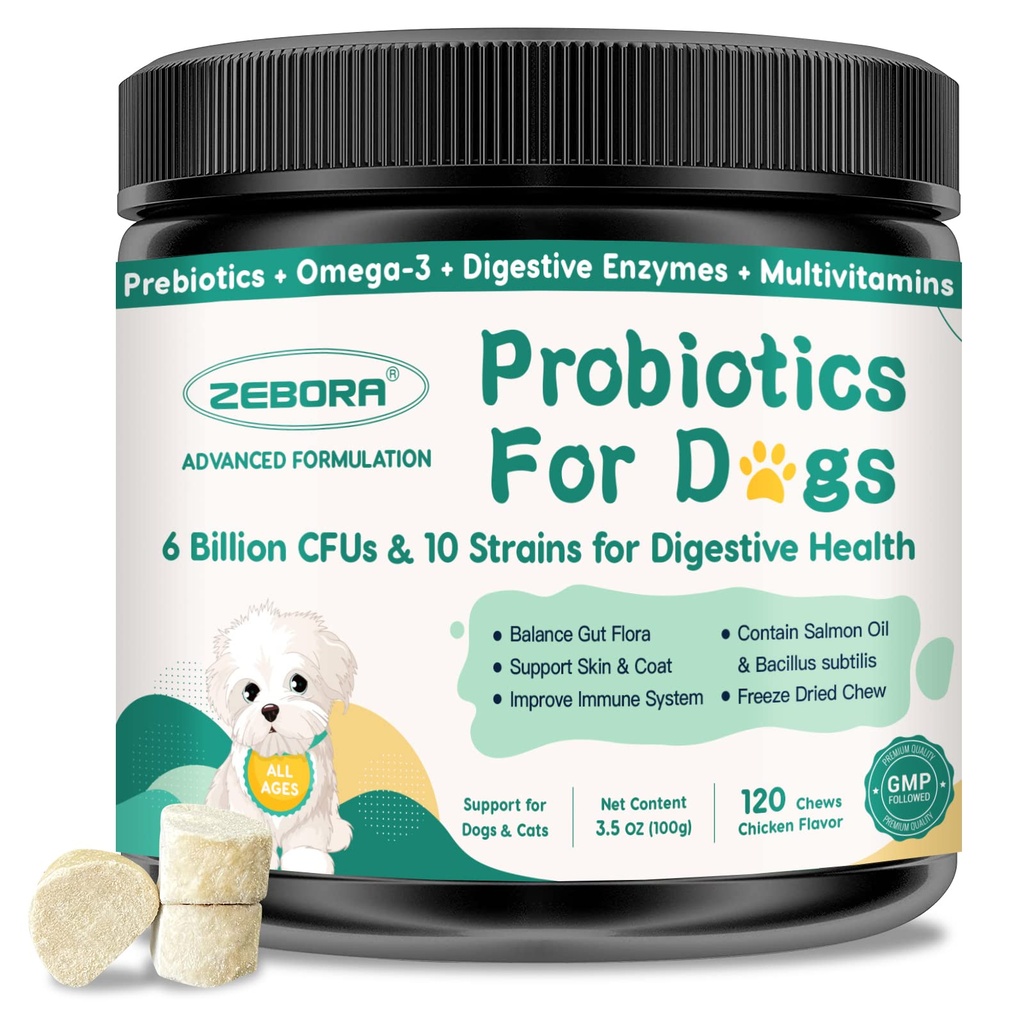Probiotica voor honden Digestieve Gezondheid, Honden Probiotica en Digestieve Enzymen, Prebiotica, Omega-3 & 6 en Vitamine voor Honden, 6 Miljard CFUs voor Gut Health en Immune Ondersteuning, 120 Kauwen