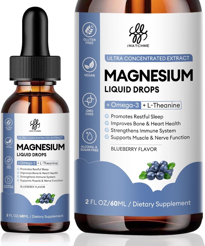 Magnesium Glycinate Liquid, Magnesium Complex Supplement met Omega3, L-Theanine en Vitamine voor Kalmte, Slaap Ondersteuning, Spierverlichting, Niet GGO, Blueberry Flavor, 2 Fl Oz