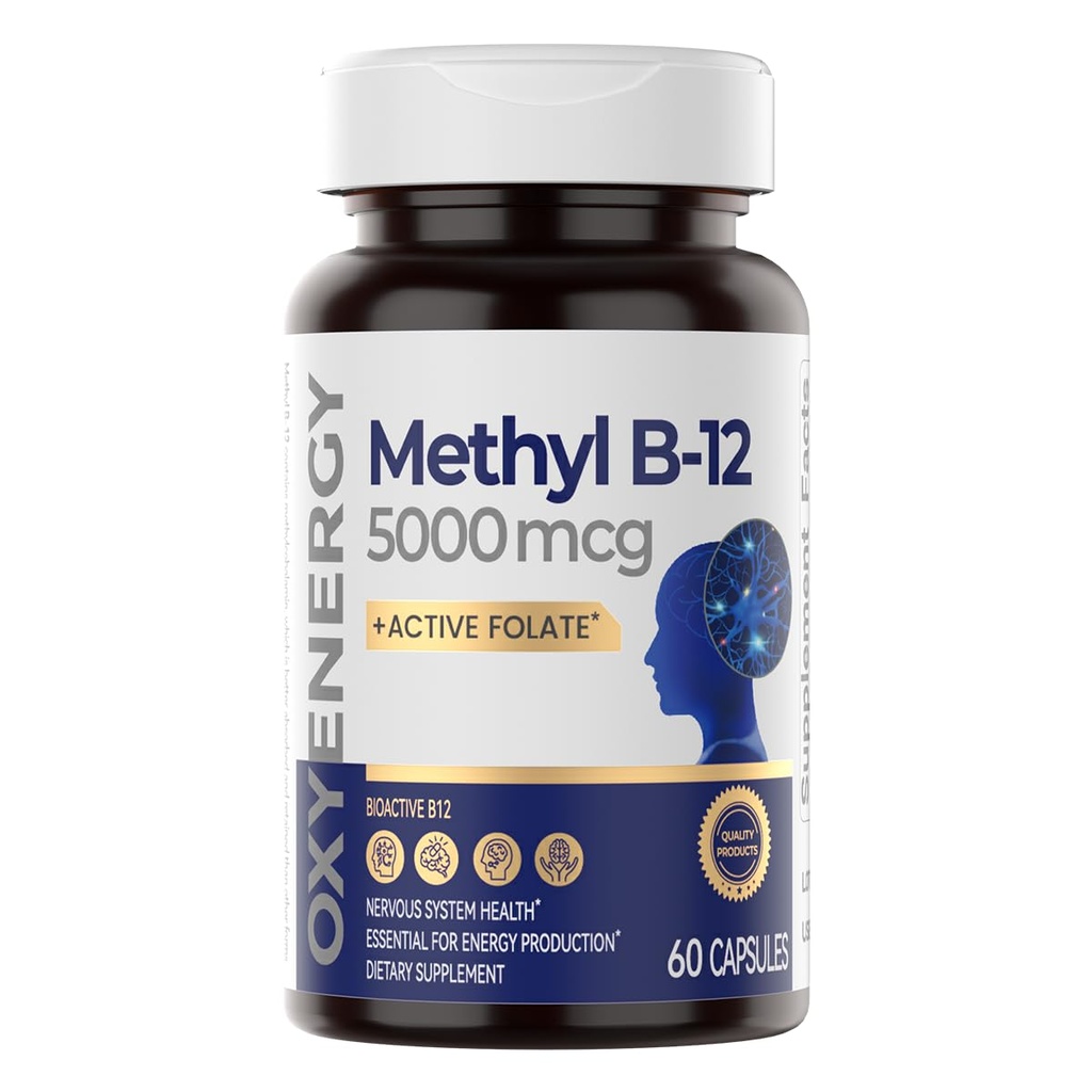 OxyEnergy Methylvitamine B12 5000mcg, Extra sterkte Methylcobalamine B-12 Supplementen met Folaat, Ondersteuning Zenuwen, Energie Metabolisme & Cognitive,60 Capsules